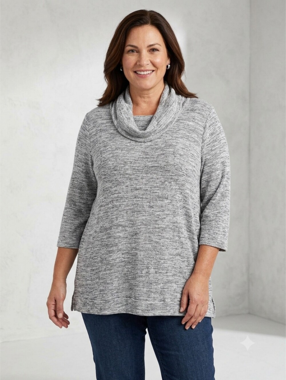 Rebecca Malone Gray Marled Shimmer 3/4 Quarter Length Cowl Neck Tunic